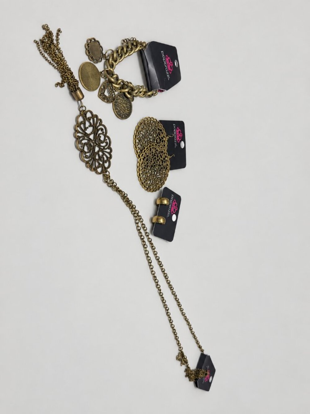 Paparazzi Brass Tone Filigree Tassel Necklace Set Earrings Charm Bracelet Bundle